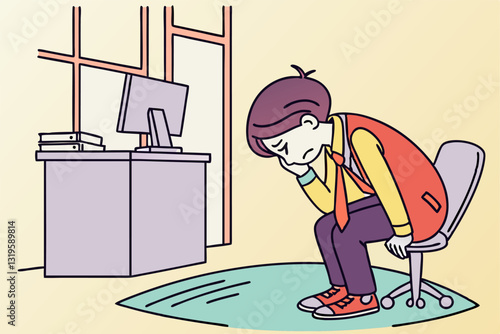 Vector illustration of a sad, depressed office worker character. Ideal for mental health, workplace stress, and burnout concepts. Flat cartoon style for relatable, impactful visuals.