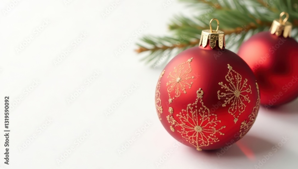 Glossy red and gold Christmas balls on pristine white background, gold, still life, winter Glossy red and gold Christmas balls on pristine white background, gold, still life, winter