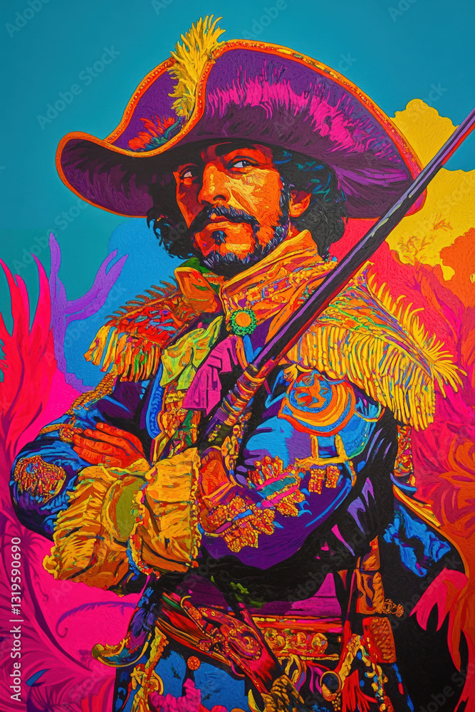 Fototapeta premium Bold and vibrant pop art portrait of a Spanish conquistador in a richly detailed and colorful uniform, blending history with contemporary artistic energy