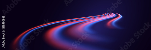 Neon red and blue speed lines. Light and stripes move quickly on dark background. Vector illustration. EPS 10.