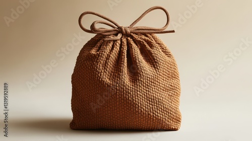 A brown fabric pouch, its texture subtly embossed, rests against a muted backdrop of neutral tones, hinting at a rustic charm and a hint of mystery.