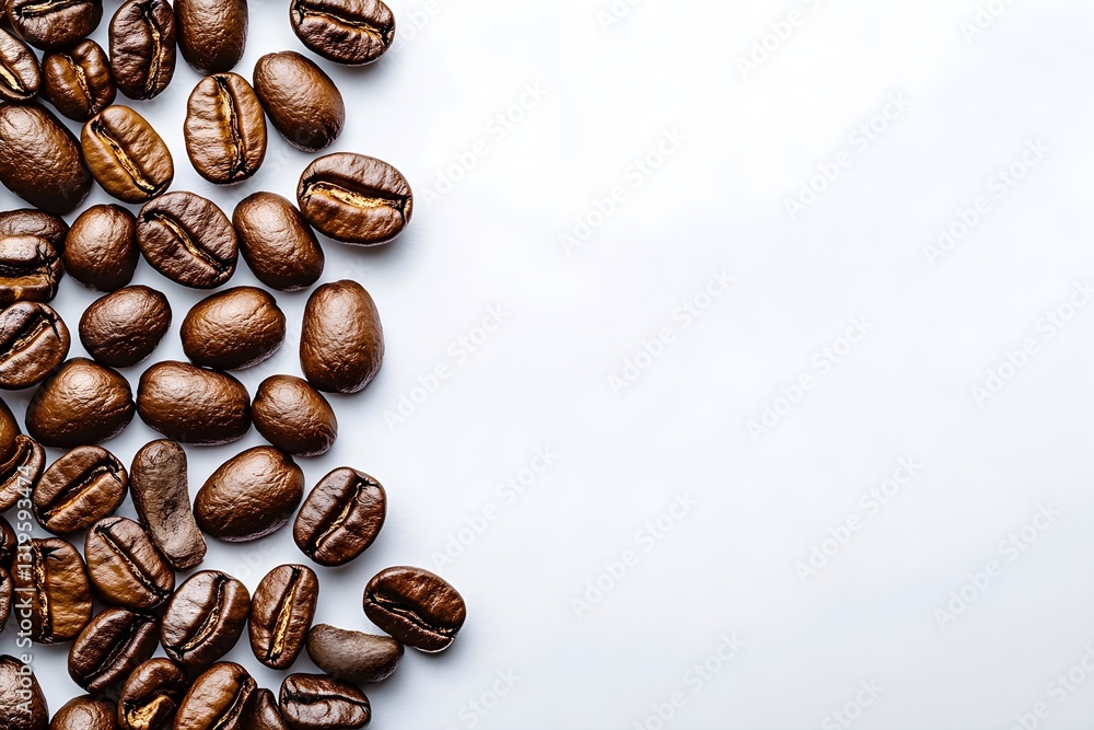 Fototapeta premium Coffee beans scattered on a white background showcasing their rich brown color and texture, perfect for coffee lovers and culinary enthusiasts, coffee concept