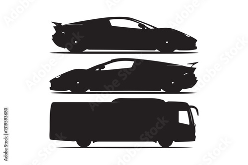 Silhouette Comparison of Supercar and Bus Illustrations in Minimalist Design