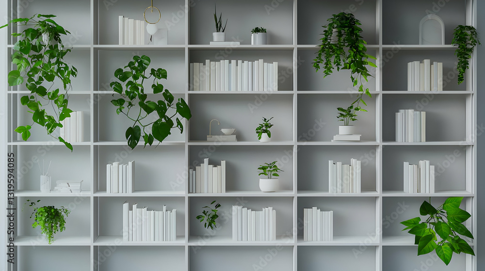 Modern White Bookshelf With Lush Green Plants And White Books Creating A Tranquil Home Library Atmosphere In A Bright Interior Design Modern White Bookshelf With Lush Green Plants And White Books Creating A Tranquil Home Library Atmosphere In A Bright Interior Design