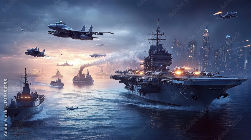 Aircraft carrier fleet, sunset cityscape, naval warfare, military action, game background Aircraft carrier fleet, sunset cityscape, naval warfare, military action, game background