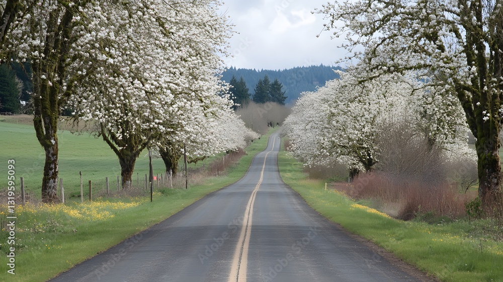 Scenic road lined with blooming trees creating a beautiful canopy, leading to distant forest. Scenic road lined with blooming trees creating a beautiful canopy, leading to distant forest.