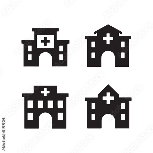 Hospital buildings, medical facilities, black and white icons, silhouette 