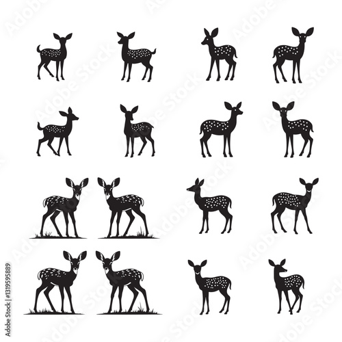 Deer silhouettes, baby fawns, black and white illustration