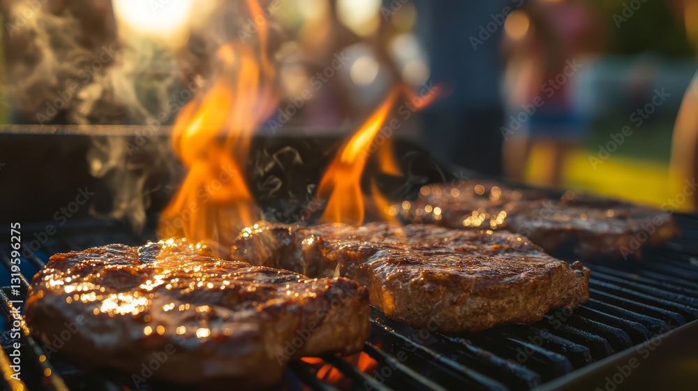 Juicy Steaks Grilling Over Open Flames at a Backyard BBQ Juicy Steaks Grilling Over Open Flames at a Backyard BBQ