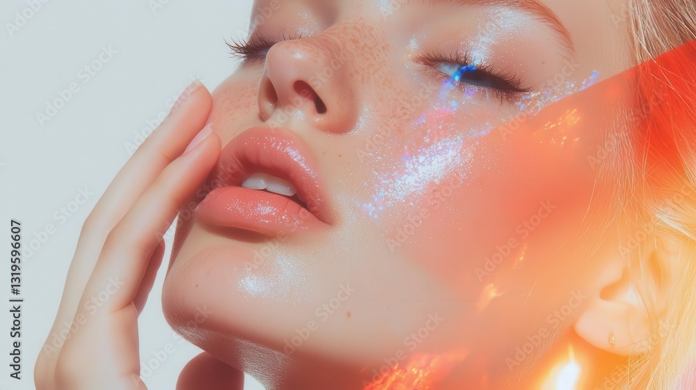 Close-up of a woman?s hand gently touching her armpit, showing soft and hair-free skin, pastel-colored backdrop Close-up of a woman?s hand gently touching her armpit, showing soft and hair-free skin, pastel-colored backdrop