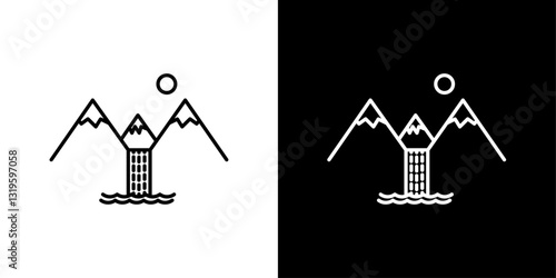 Waterfall icons in stroke line style in black and white colors