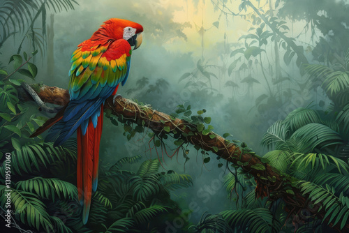 Wallpaper Mural Vibrant Scarlet Macaw Perched in Lush Jungle with Misty Exotic Atmosphere Torontodigital.ca