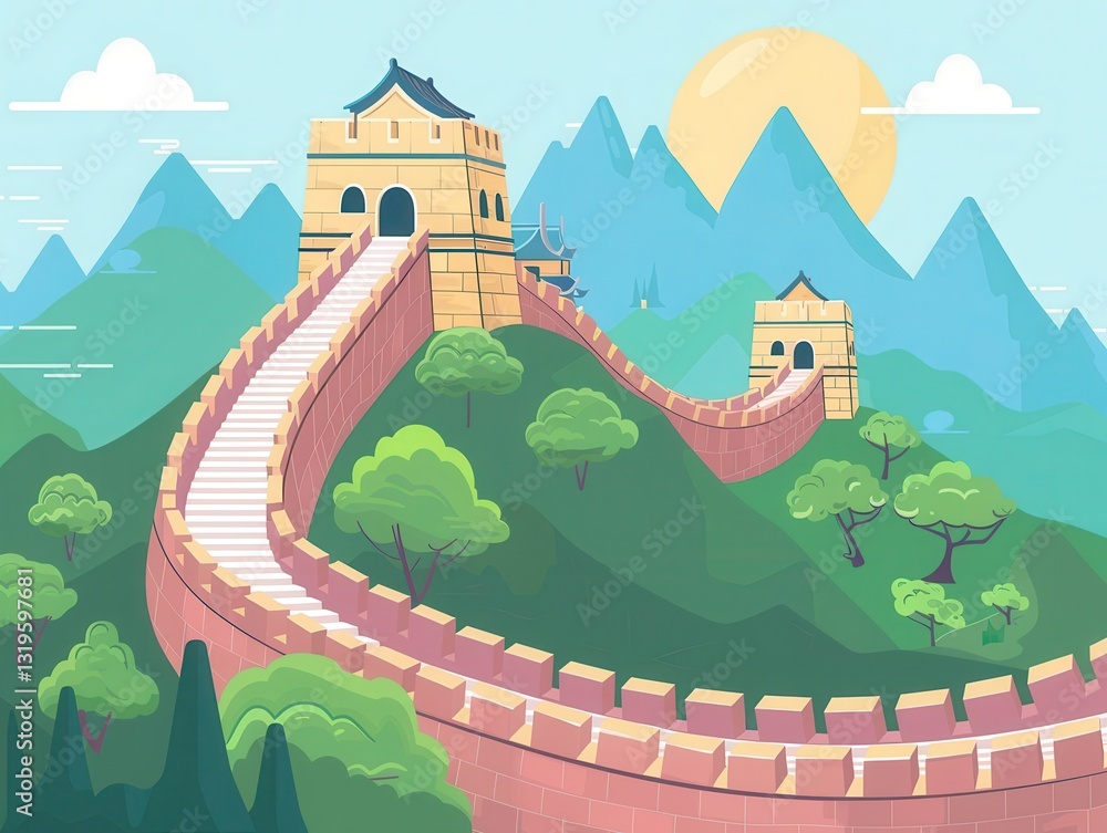 Colorful Illustration of the Great Wall of China in a Scenic Landscape Surrounded by Green Trees and Mountains