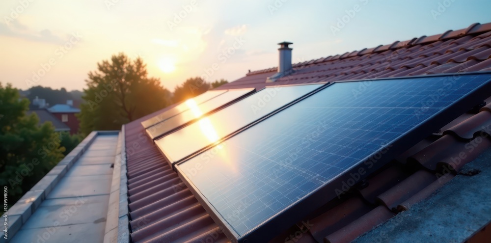 Fototapeta premium Solar thermal collectors on a rooftop, close-up view, solar collector, clean energy, sustainability