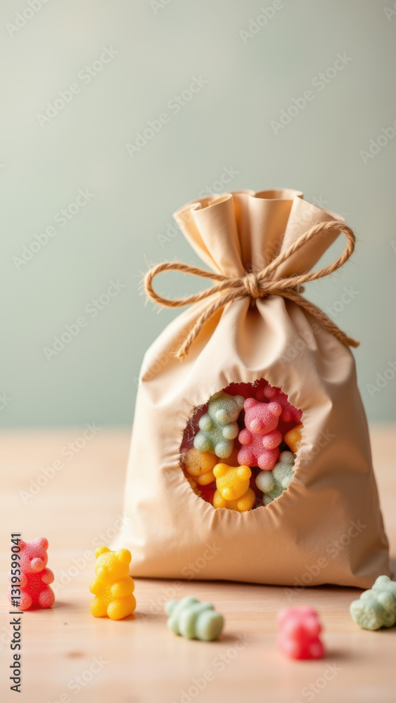 Dye-free candy bag with colorful candies inside, tied with a string. Dye-free candy bag with colorful candies inside, tied with a string.