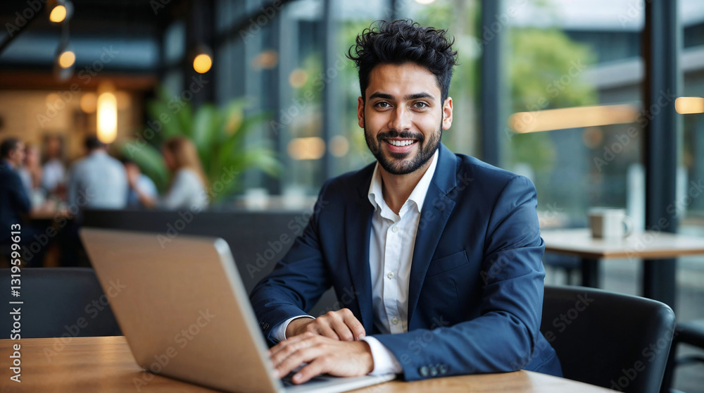 Young Businessman Working on Laptop, confident Business Professional Smiling While Working in Modern Workspace, Business man with laptop, Working man . Young Businessman Working on Laptop, confident Business Professional Smiling While Working in Modern Workspace, Business man with laptop, Working man .