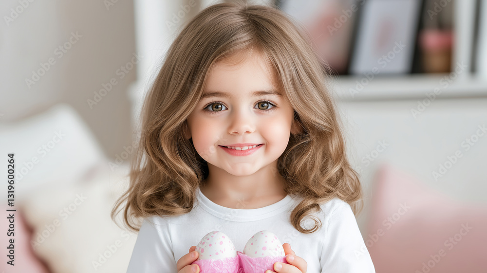 Cute little girl with long blonde hair holding chocolate eggs in her hands against background of cozy room. Concept of celebrating Easter in cozy family atmosphere and giving chocolate eggs and gifts Cute little girl with long blonde hair holding chocolate eggs in her hands against background of cozy room. Concept of celebrating Easter in cozy family atmosphere and giving chocolate eggs and gifts