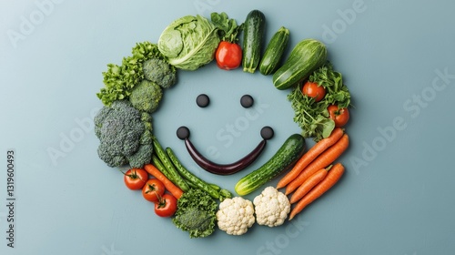 A colorful arrangement of vegetables forms a smiley face, promoting healthy eating in a fun and engaging way.