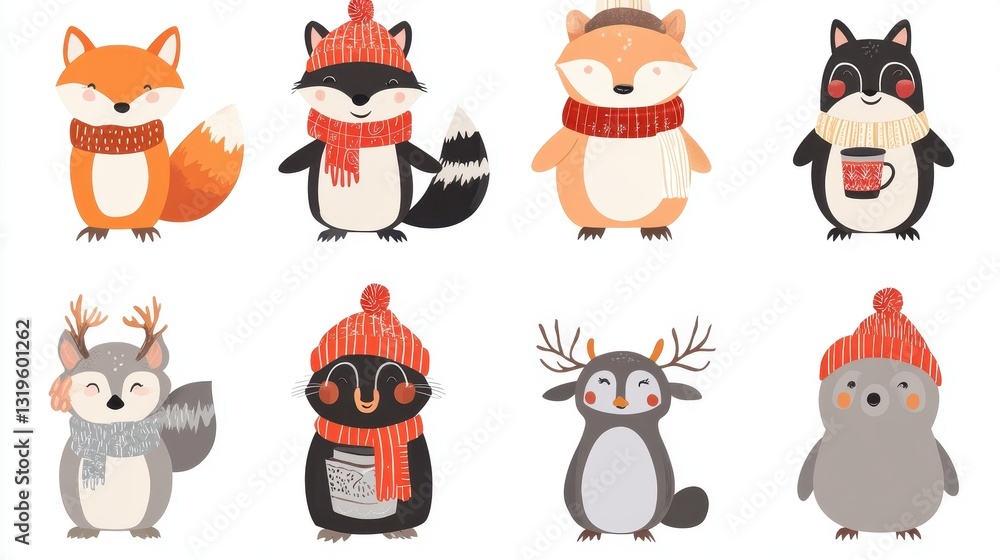 Fototapeta premium Cute cartoon animals wearing winter hats and scarves.