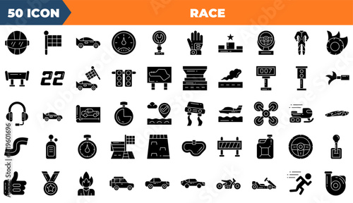 Race icon set. Containing car, rally, flag,and more. Solid vector icons collection.