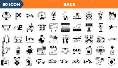 Race icon set. Containing car, rally, flag,and more. Duotone vector icons collection.