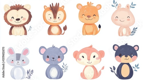 Cute cartoon animals designed for children's illustrations.