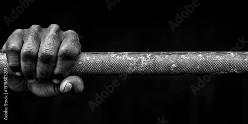 Determined hand grips the bar, grip strength defining control. Grip enhances endurance, ensures power. Grip and physical resilience concept