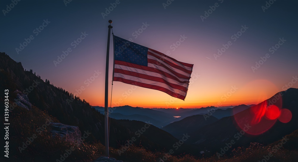 Obraz premium American pride at sunrise, A stunning display of patriotism and nature's beauty
