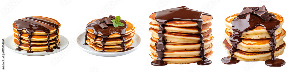Delicious pancakes stacked high, topped with chocolate and fresh mint garnish. Delicious pancakes stacked high, topped with chocolate and fresh mint garnish.