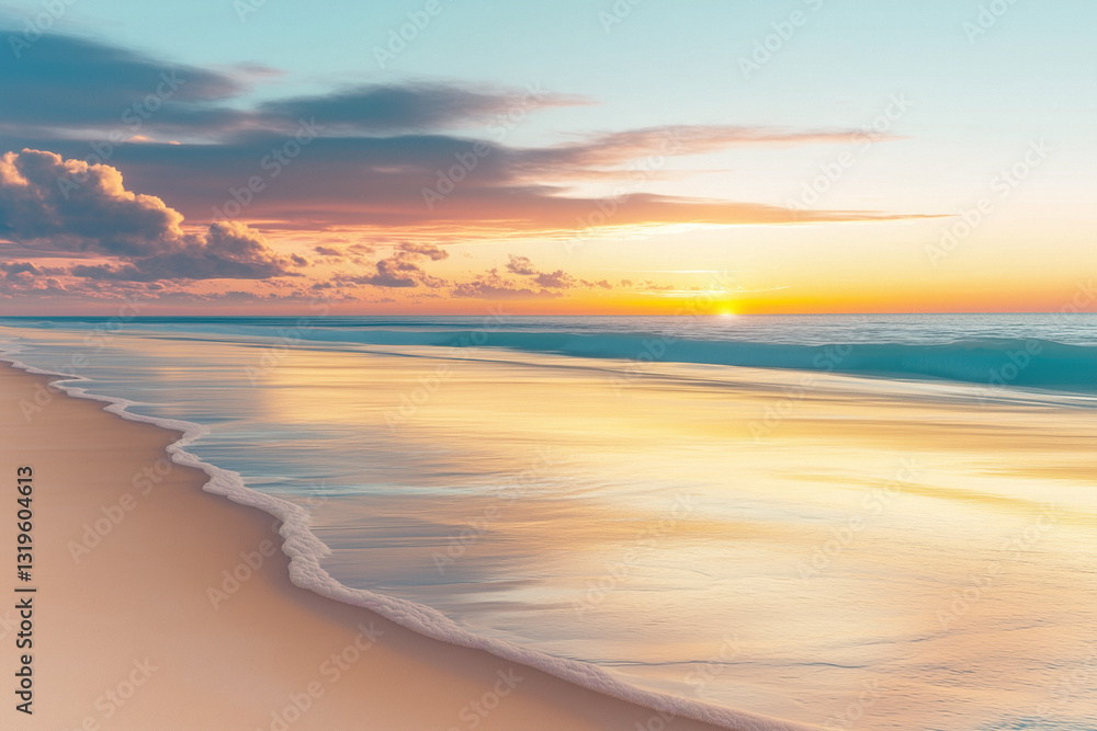 Obraz premium Stunning coastal landscape at sunset or sunrise with bright reflections in the sea and beautiful clouds, beautiful sky, seascape, composite background, desktop wallpaper