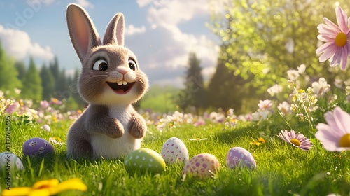 3D render of a beautiful Easter bunny with Easter eggs in a meadow. Easter concept.