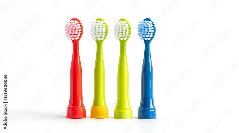A row of colorful electric toothbrush heads stand A row of colorful electric toothbrush heads stand