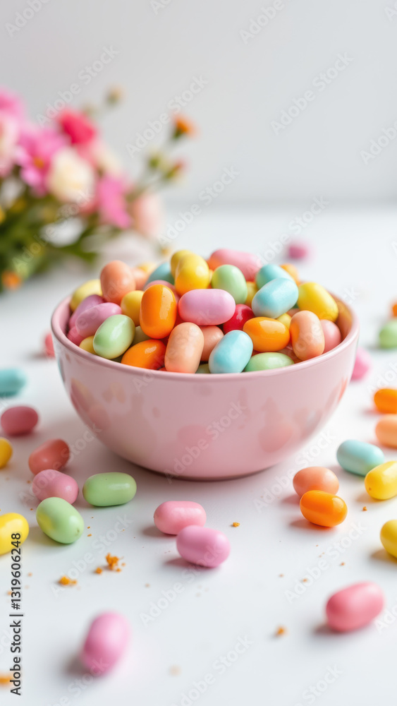 Colorful candy pebbles are scattered around a pink bowl with more of them inside on a white surface, creating an appetizing display of sweet treats. Colorful candy pebbles are scattered around a pink bowl with more of them inside on a white surface, creating an appetizing display of sweet treats.