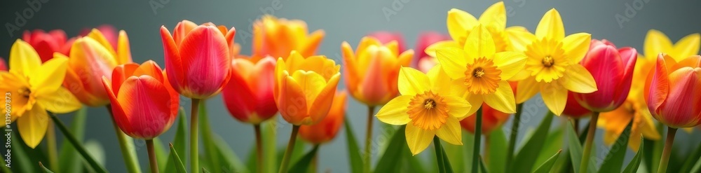 Close-up shot of colorful tulips and daffodils , flora, close-up Close-up shot of colorful tulips and daffodils , flora, close-up