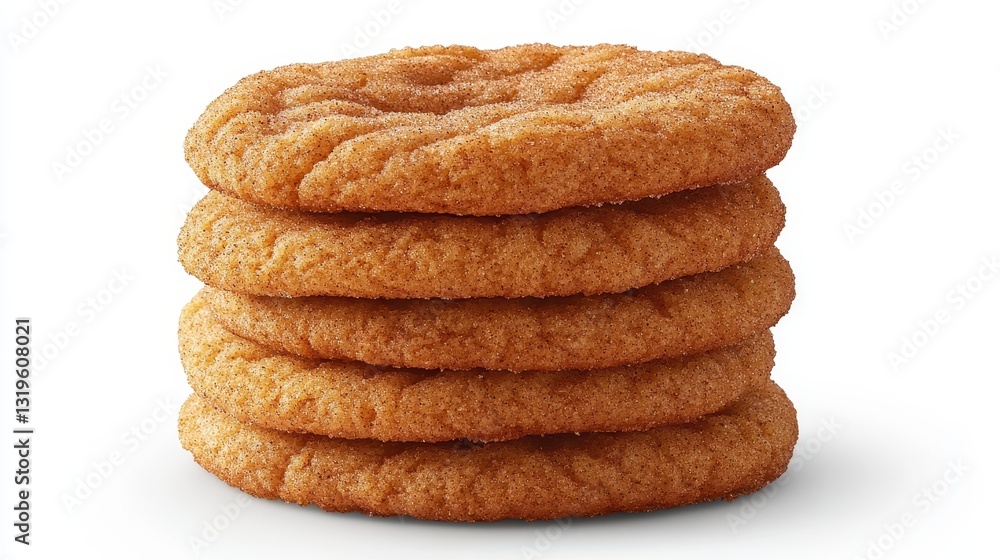A stack of golden snickerdoodle cookies, their textured surfaces and cinnamon sugar topping inviting a bite, stand proudly against a pristine white backdrop, capturing the irresistible allure of this A stack of golden snickerdoodle cookies, their textured surfaces and cinnamon sugar topping inviting a bite, stand proudly against a pristine white backdrop, capturing the irresistible allure of this