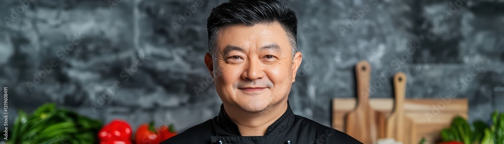 Asian Chef Plating Gourmet Dish in High-End Restaurant Setting with Fresh Ingredients Asian Chef Plating Gourmet Dish in High-End Restaurant Setting with Fresh Ingredients