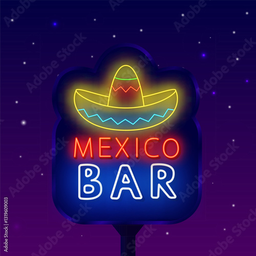 Mexican bar neon street billboard. Taste of Mexico. Sombrero icon. Vector stock illustration