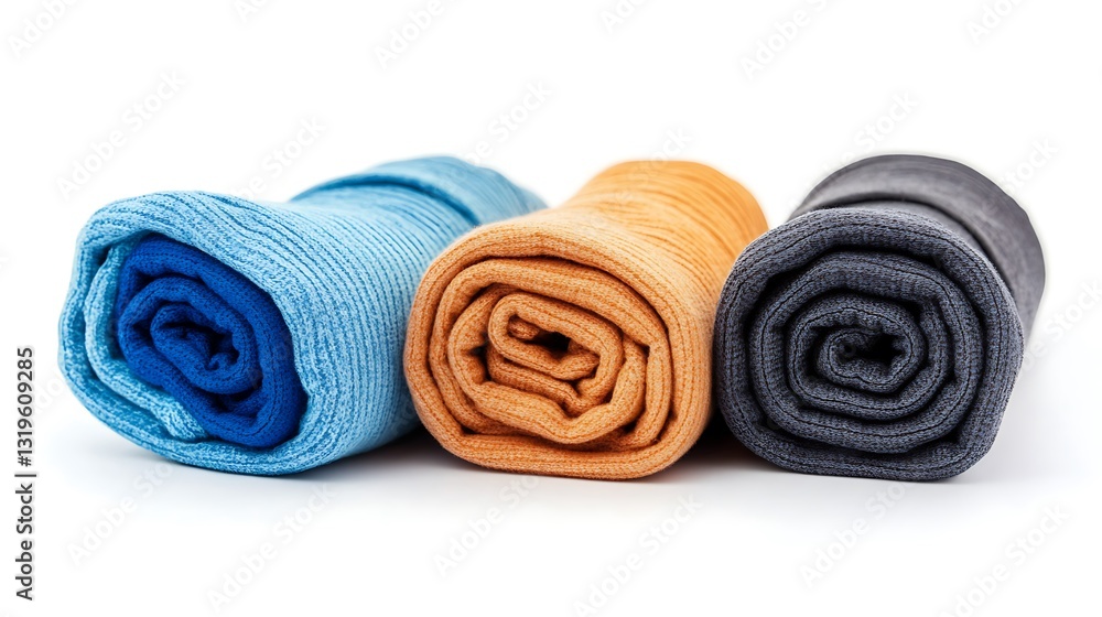 Rolled colorful towels on a white background close up