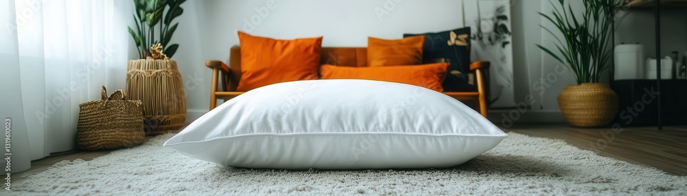 Obraz premium Cozy Living Room with Soft White Pillow and Bright Orange Cushions