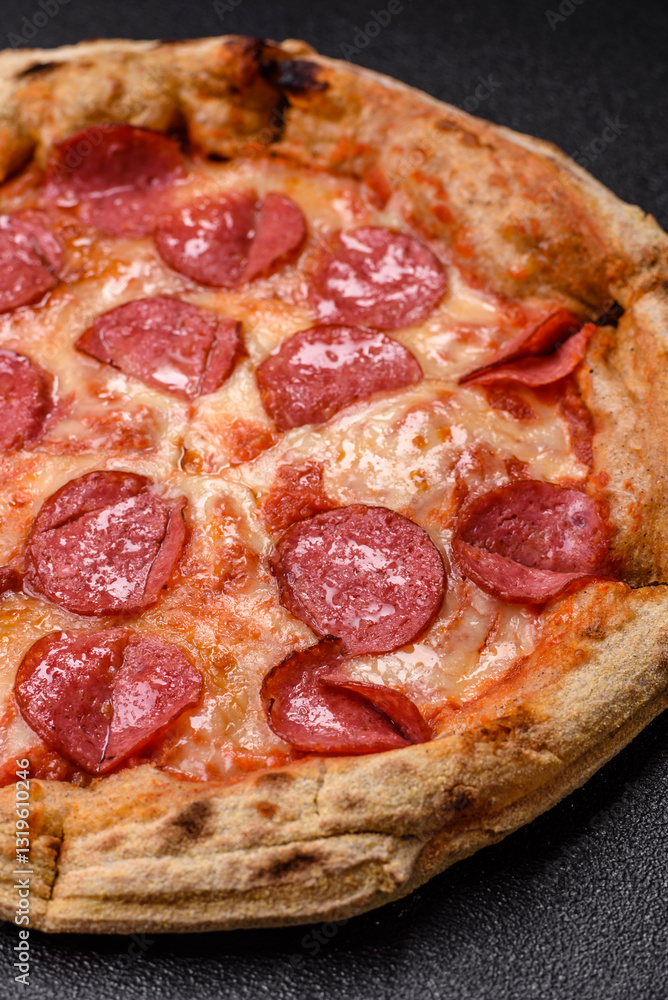 Pepperoni pizza with sausage, cheese, tomatoes, salt and spices Pepperoni pizza with sausage, cheese, tomatoes, salt and spices