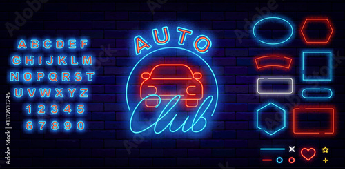Auto club neon label. Geometric frames set. Shiny blue alphabet. Vector stock illustration
