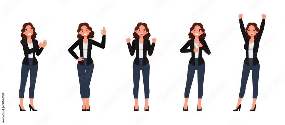 Obraz premium Business woman wear black shirt, long brown curly hair character vector illustration design set. Women express positive emotions happiness, pride, joy, encouragement.