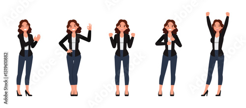 Business woman wear black shirt, long brown curly hair character vector illustration design set. Women express positive emotions happiness, pride, joy, encouragement.