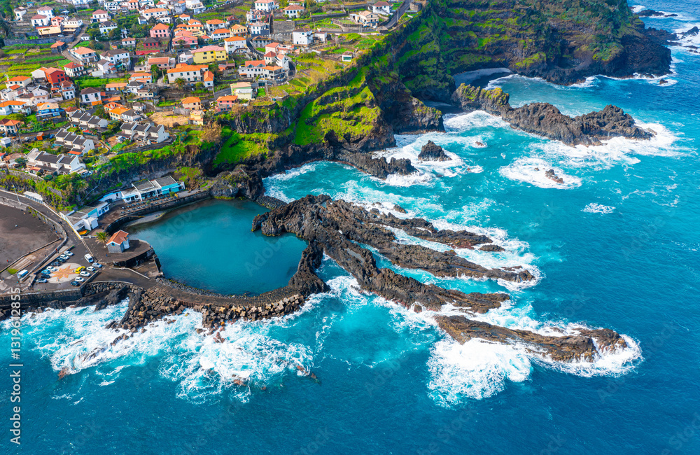 Aerial view of Madeira island. Land meets ocean in Seixal, Madeira, Portugal