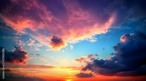 Colorful Sunset Sky With Pink Orange and Blue Hues Over The Horizon Showing Dramatic Cloud Formations