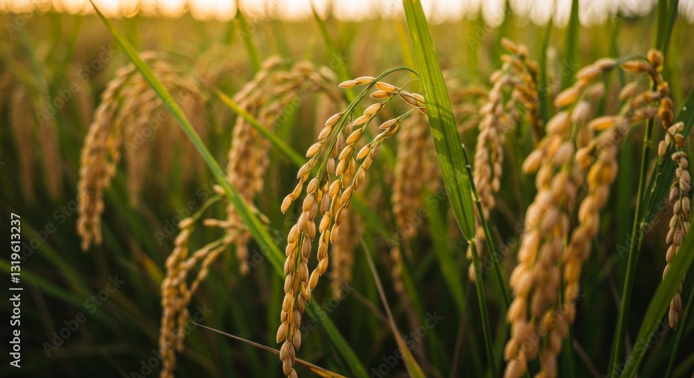Golden Rice Field Ready for Harvest at Sunrise Agriculture Concept Golden Rice Field Ready for Harvest at Sunrise Agriculture Concept