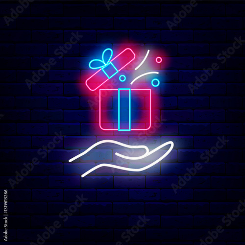 Present concept. Bonus and surprise neon symbol. Hand with open gift box. Vector stock illustration