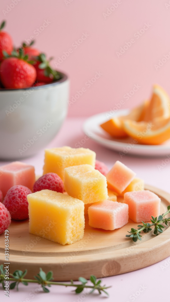 A variety of colorful and creatively cut fruit-flavored candies with a hint of fresh herbs and berries. A variety of colorful and creatively cut fruit-flavored candies with a hint of fresh herbs and berries.