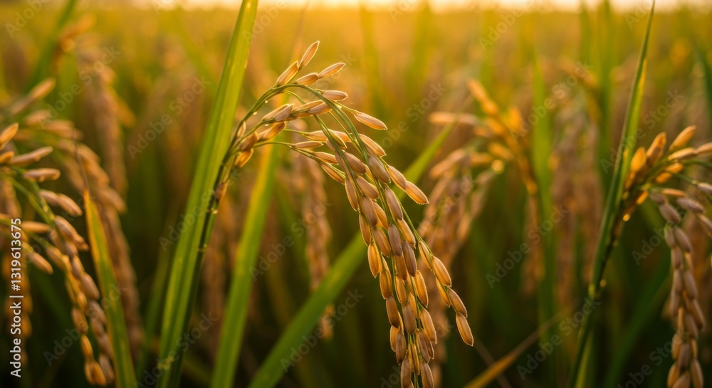 Golden Rice Paddy Field at Sunrise Agriculture with Growing Crop Golden Rice Paddy Field at Sunrise Agriculture with Growing Crop