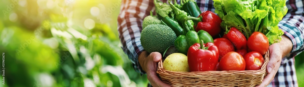 Farmer Harvesting Fresh Vegetables from the Field in a Basket Surrounded by Lush Greenery Farmer Harvesting Fresh Vegetables from the Field in a Basket Surrounded by Lush Greenery